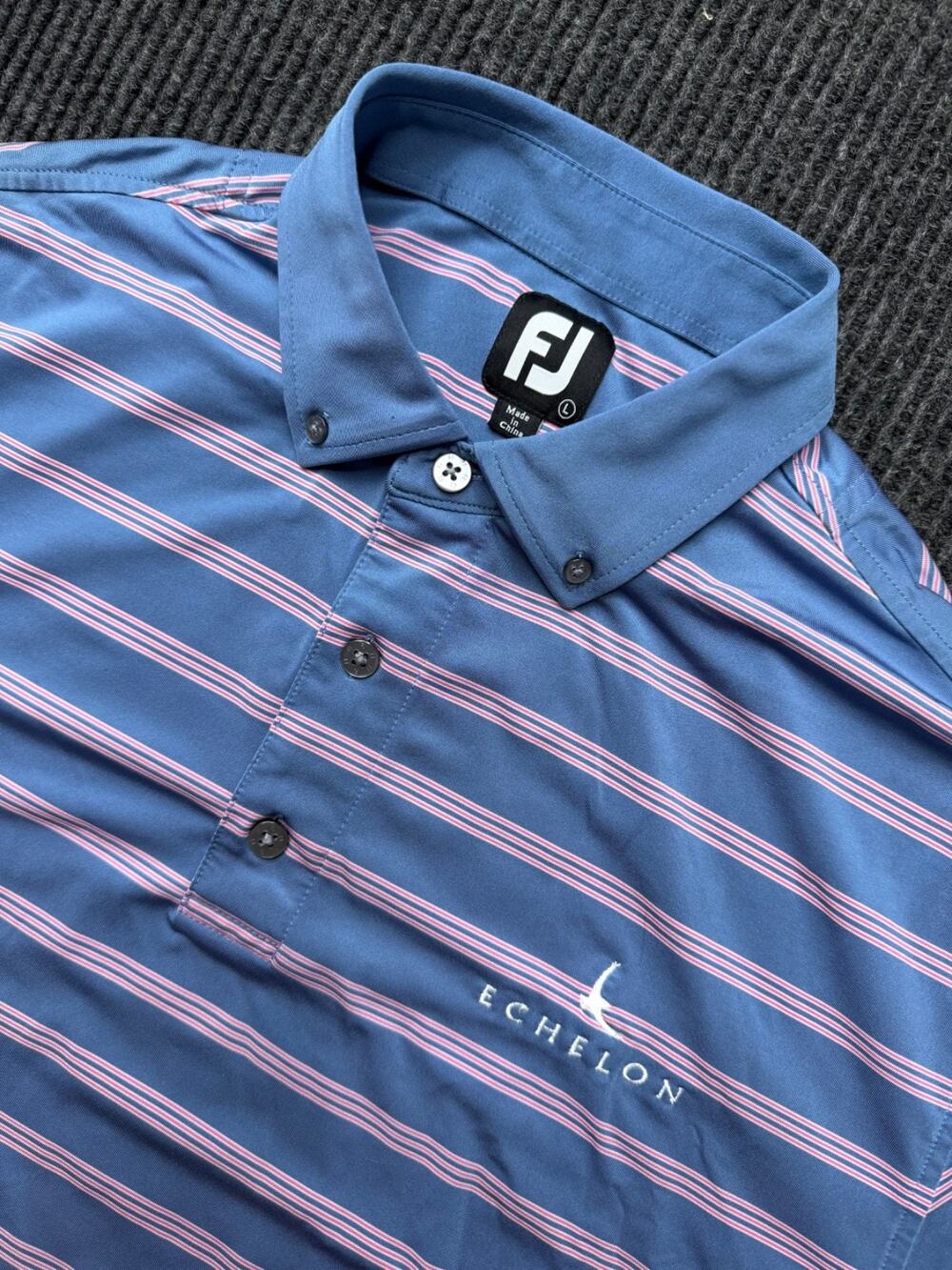 FootJoy FJ Men’s Large Blue Pink Stripe Golf Polo Echelon Embroidered Logo